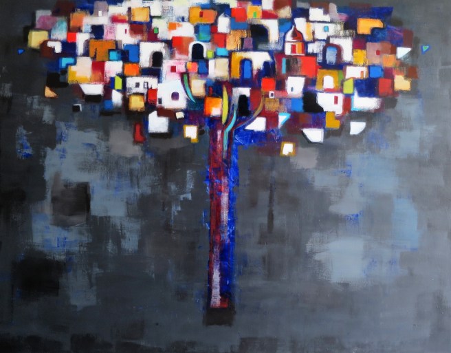 Città sul pino tec.mista su tela 130x100 2018-1